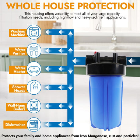Whole House Water Filter System, 4.5" x 10" Twin Filtration Universal Housing 1” RPT Port